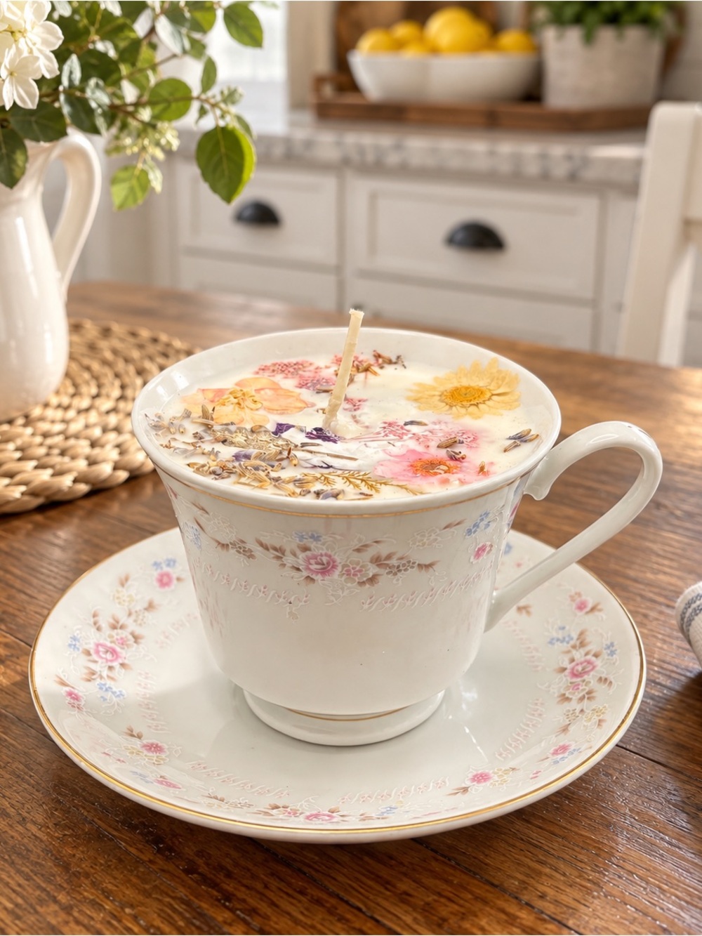 Cream Floral Teacup Candle with Pink & Yellow Accents